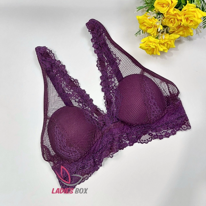 Violet Deep Purple Color Lace Wireless Bra