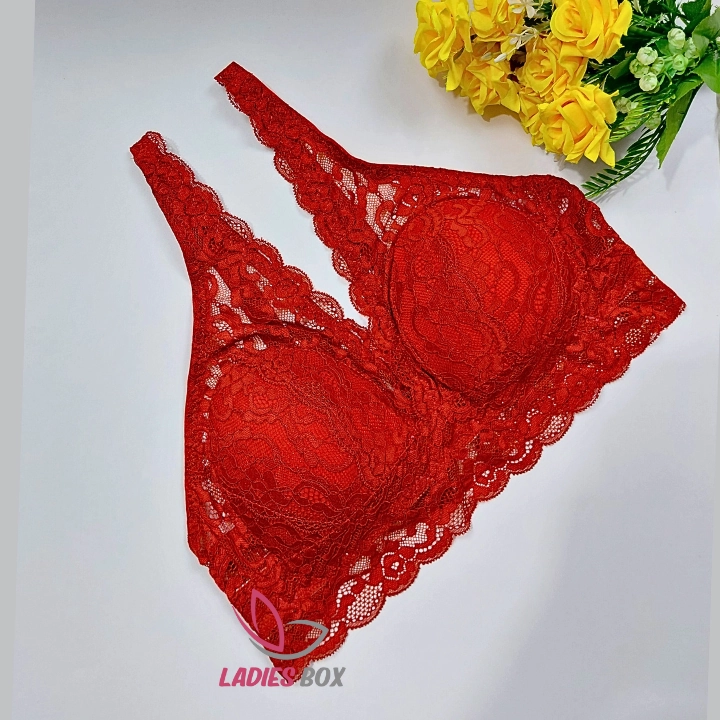 Violet Red Color Lace Wireless Bra
