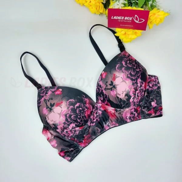 Multi Flower Print Pink and Black Color Wireless Bra